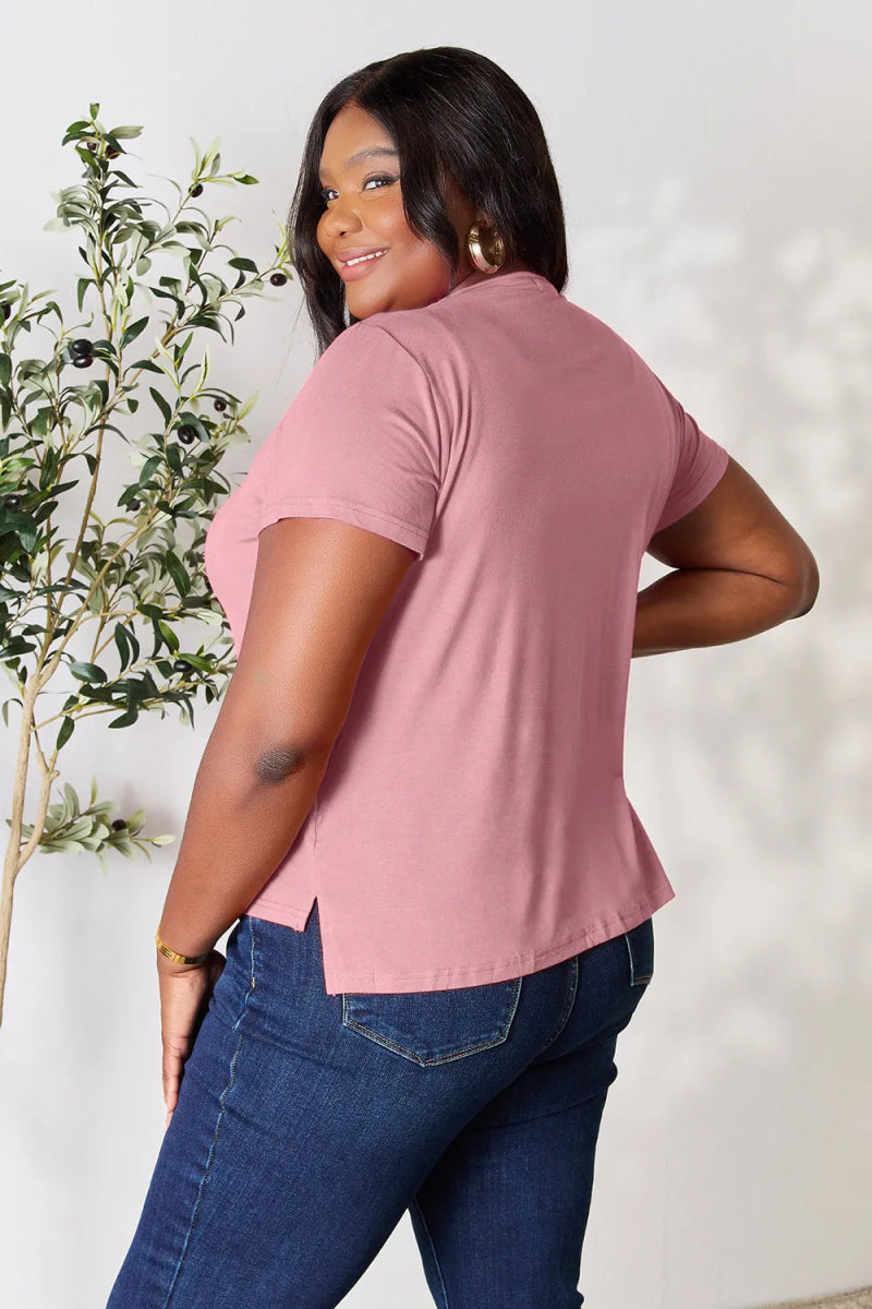 Short Sleeve Slit Hem Tunic Top for Office and Everyday Wear - AMVIM