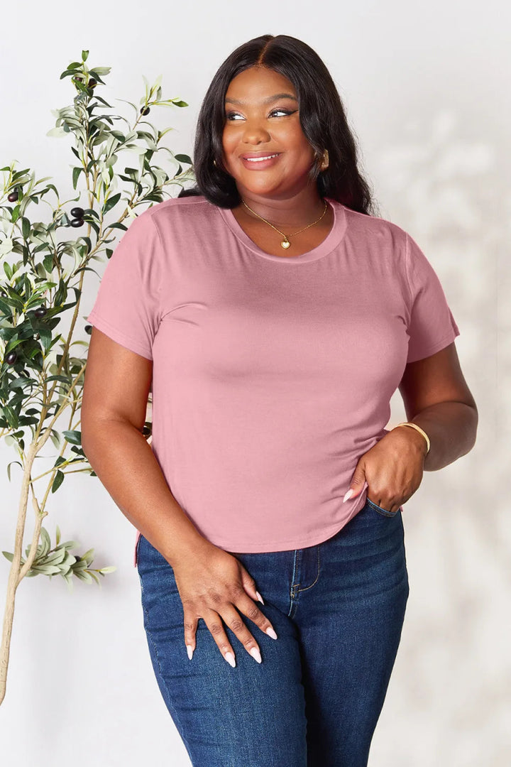 Short Sleeve Slit Hem Tunic Top for Office and Everyday Wear - AMVIM