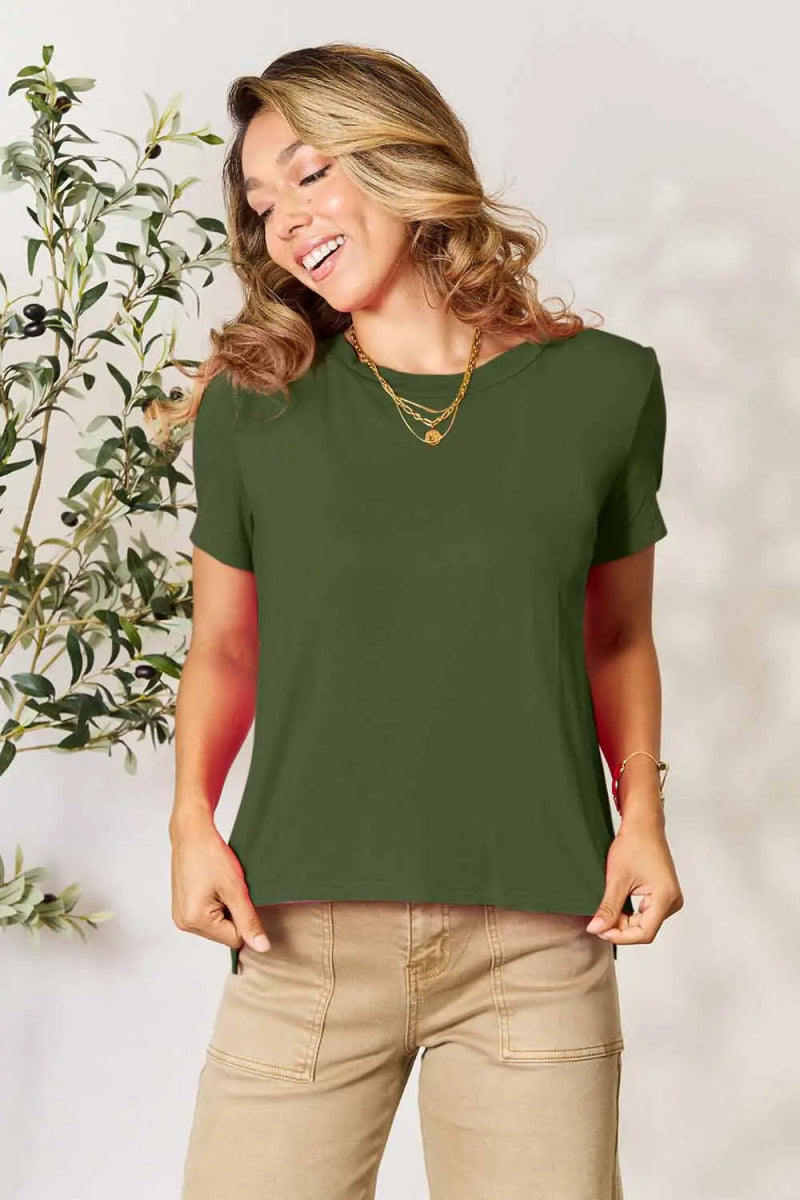 Short Sleeve Slit Hem Tunic Top for Office and Everyday Wear - AMVIM