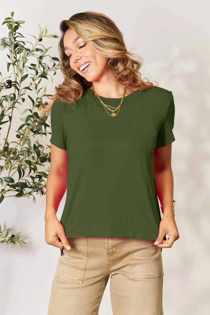 Short Sleeve Slit Hem Tunic Top for Office and Everyday Wear - AMVIM
