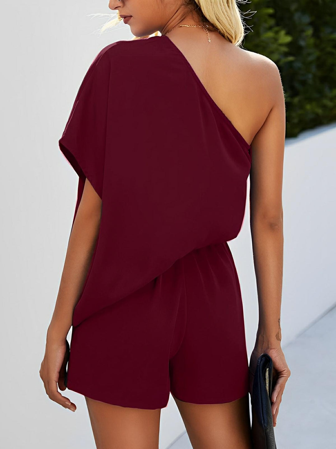 Single Shoulder Batwing Sleeve Romper - AMVIM