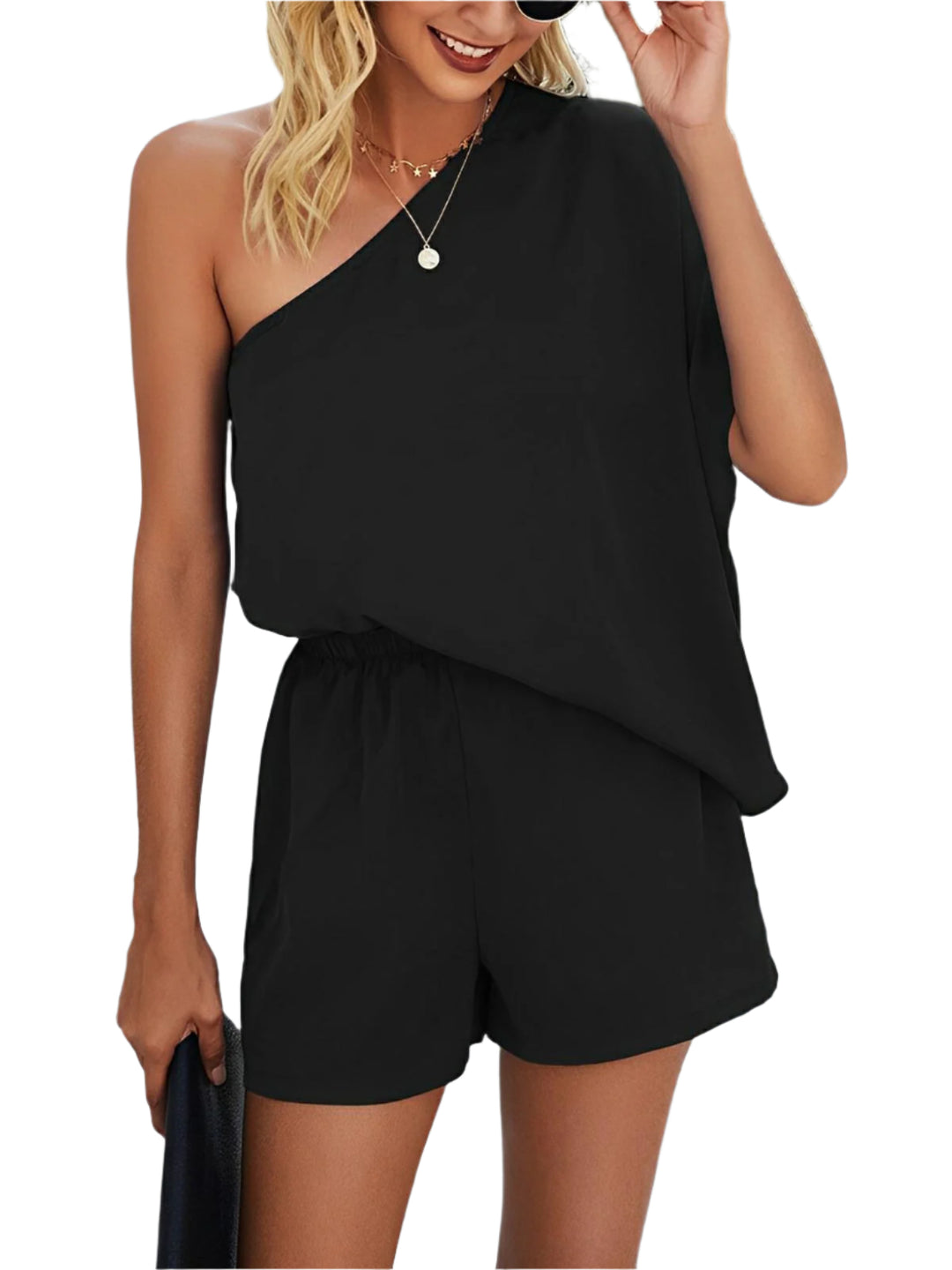 Single Shoulder Batwing Sleeve Romper - AMVIM