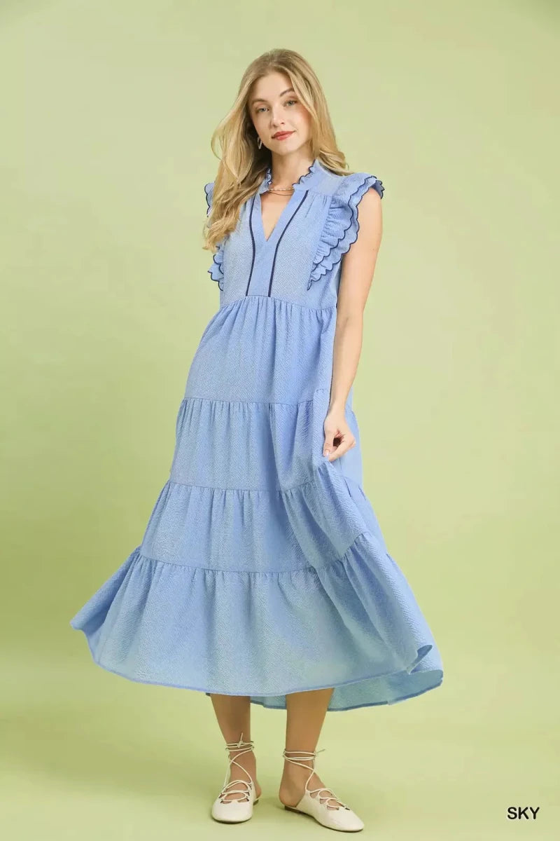 blue seersucker dress womens Sky Blue Seersucker Ruffle Sleeve Tiered Midi Dress