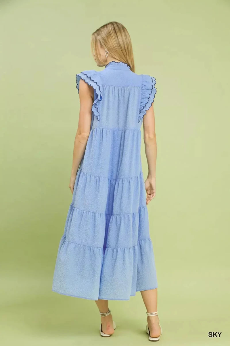 Sky Blue Seersucker Ruffle Sleeve Tiered Midi Dress - Women&
