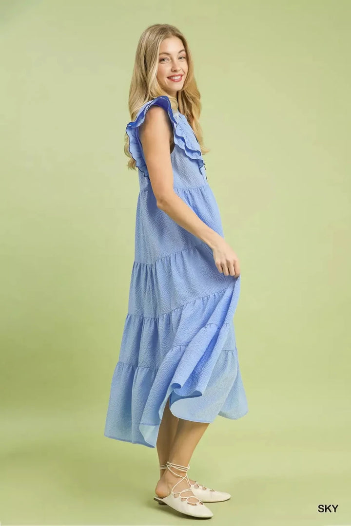 Sky Blue Seersucker Ruffle Sleeve Tiered Midi Dress - Women&