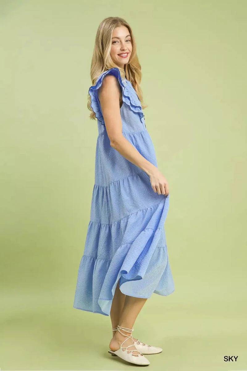 Sky Blue Seersucker Ruffle Sleeve Tiered Midi Dress - Women's Wedding AMVIM Sky Blue Seersucker Ruffle Sleeve Tiered Midi Dress - Women's Wedding AMVIM