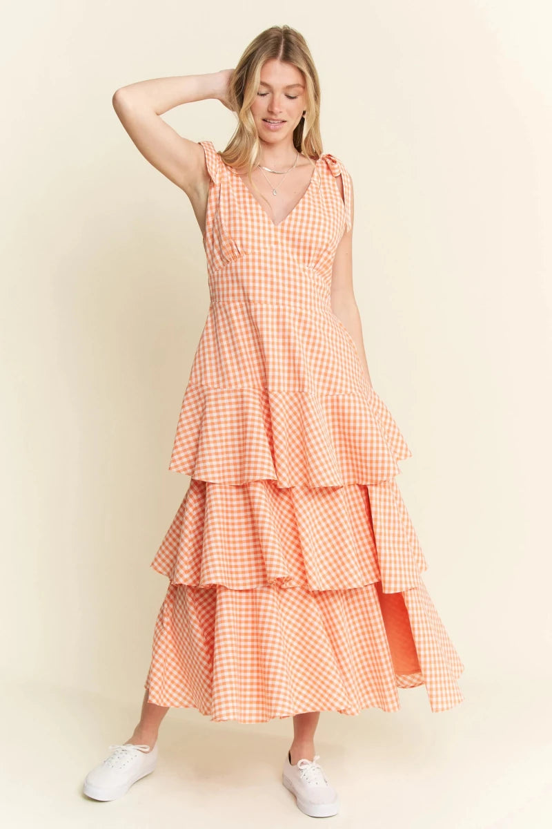 Sleeveless Gingham Tiered Midi Dress - AMVIM