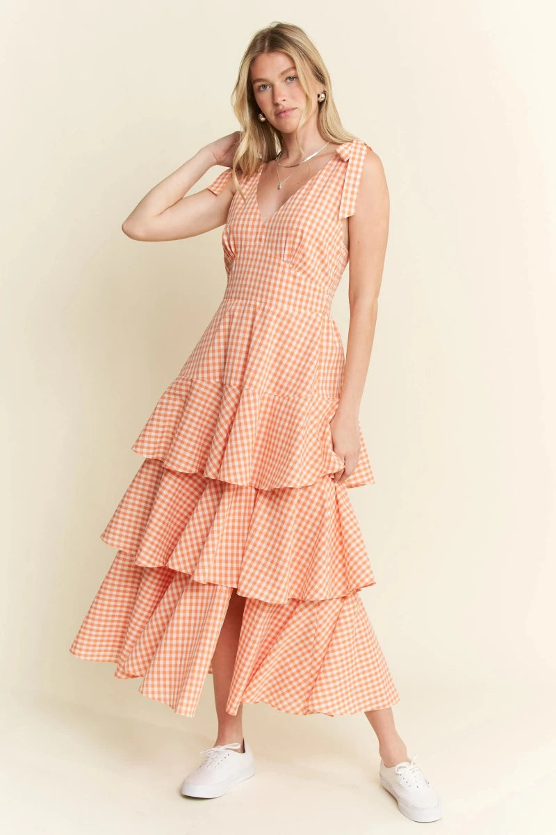 Sleeveless Gingham Tiered Midi Dress - AMVIM