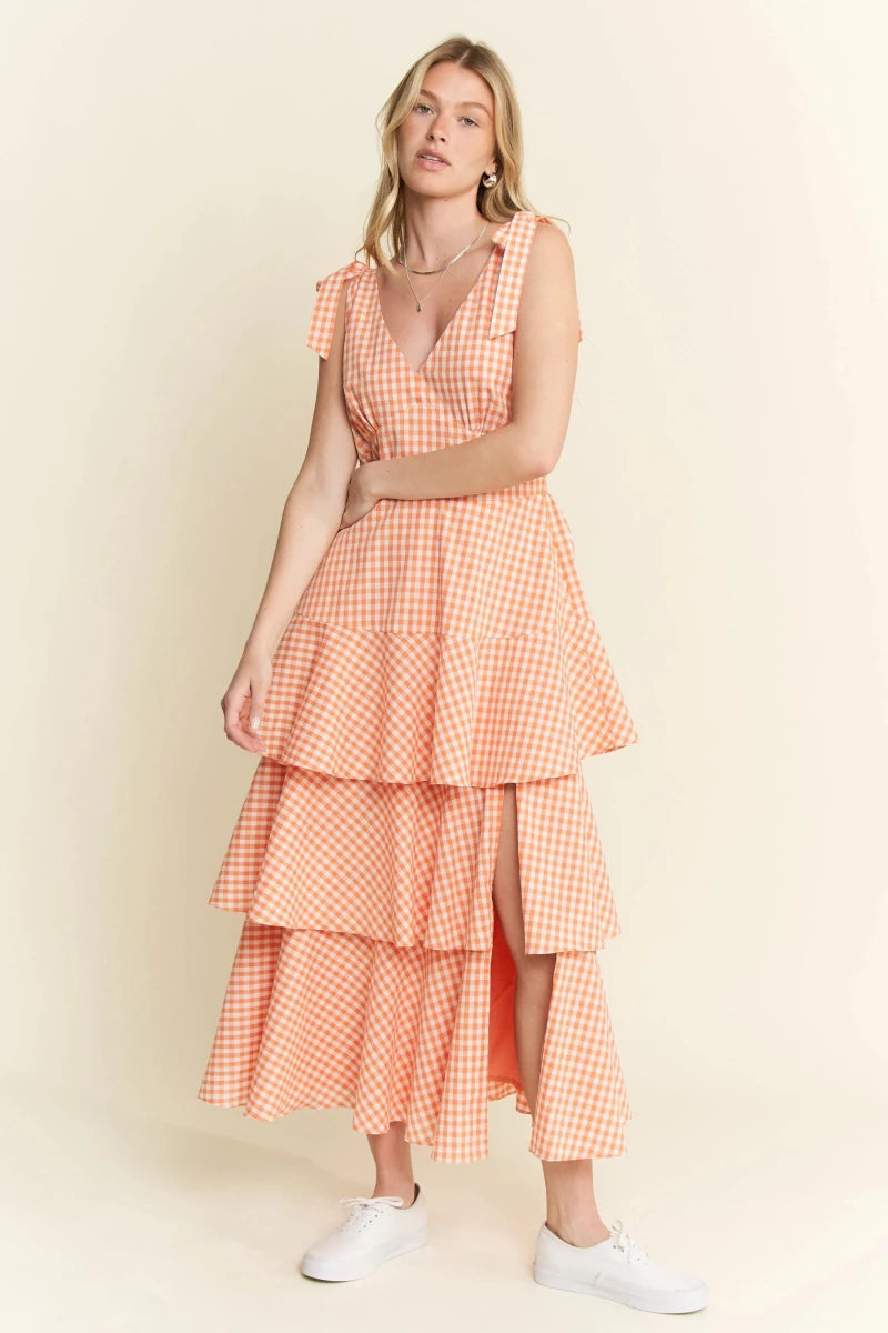 Sleeveless Gingham Tiered Midi Dress - AMVIM
