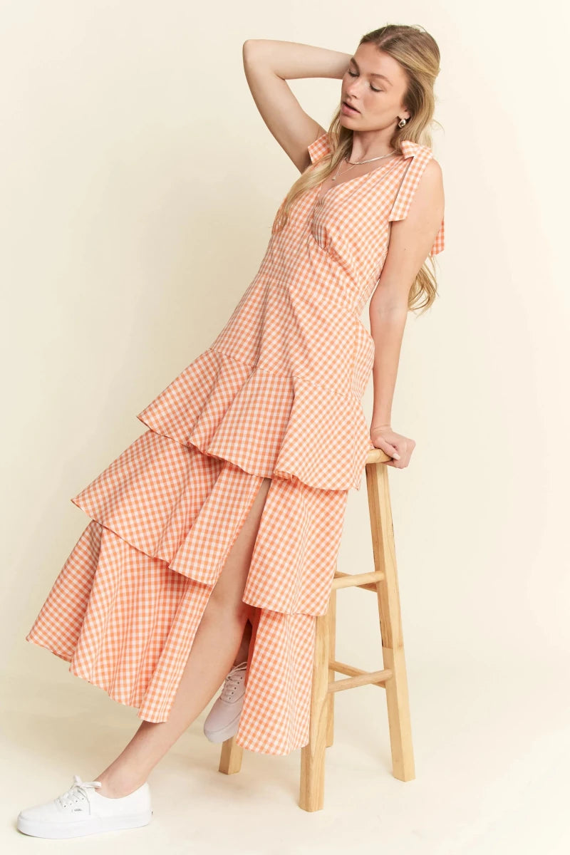 Sleeveless Gingham Tiered Midi Dress - AMVIM