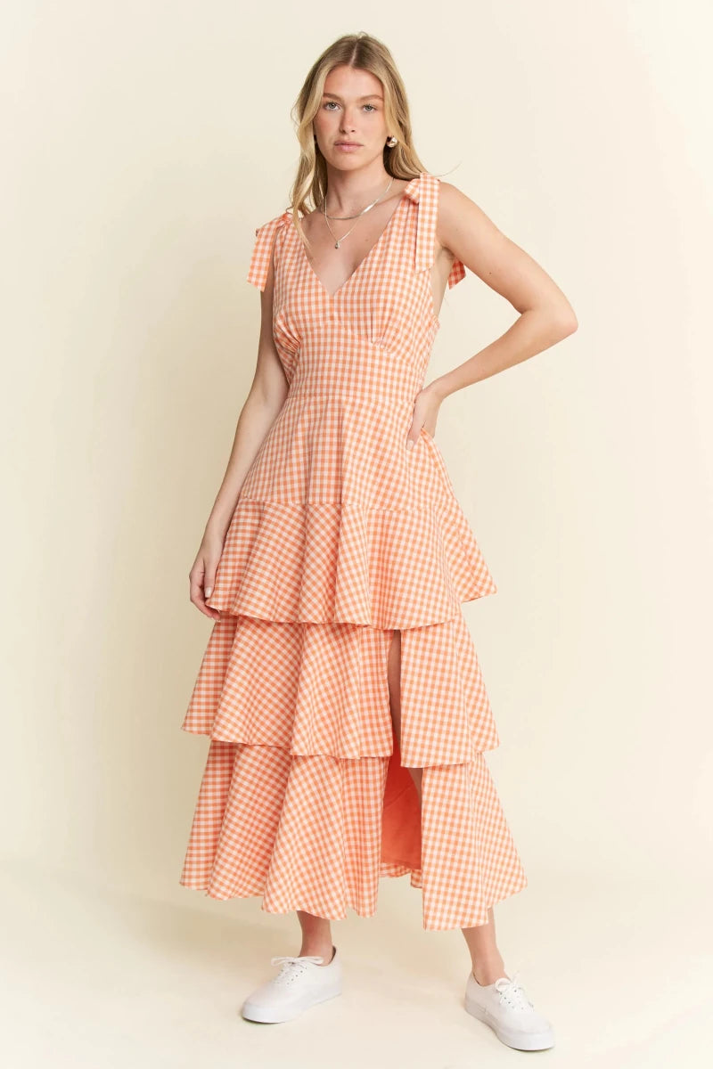 Sleeveless Gingham Tiered Midi Dress - AMVIM