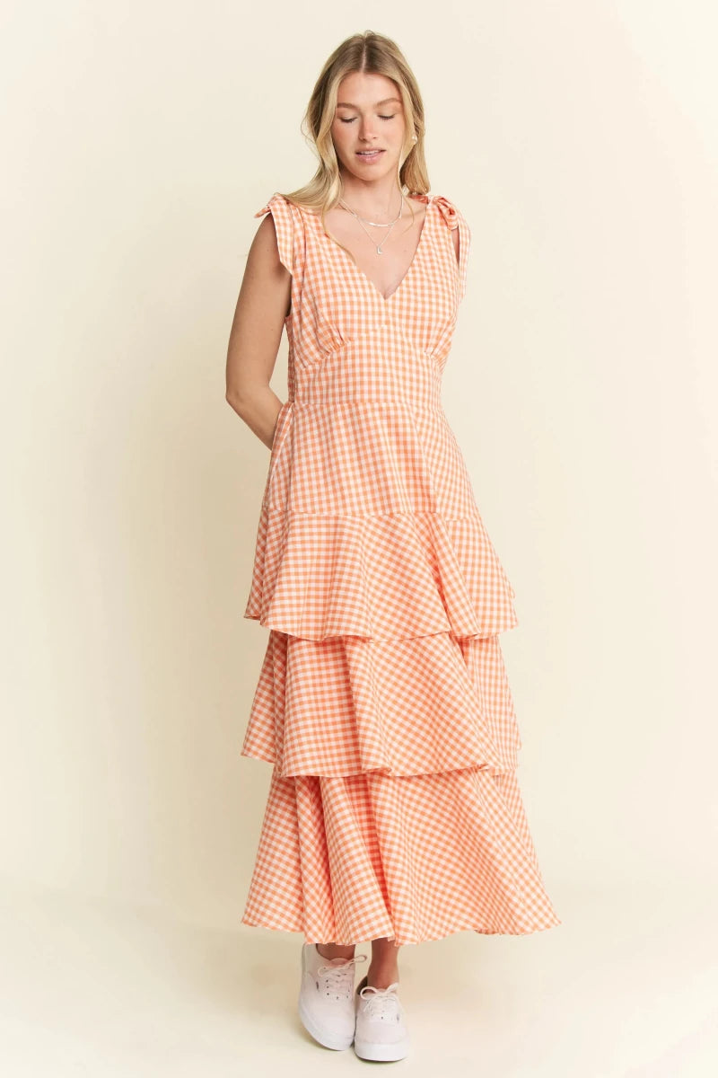 Sleeveless Gingham Tiered Midi Dress - AMVIM