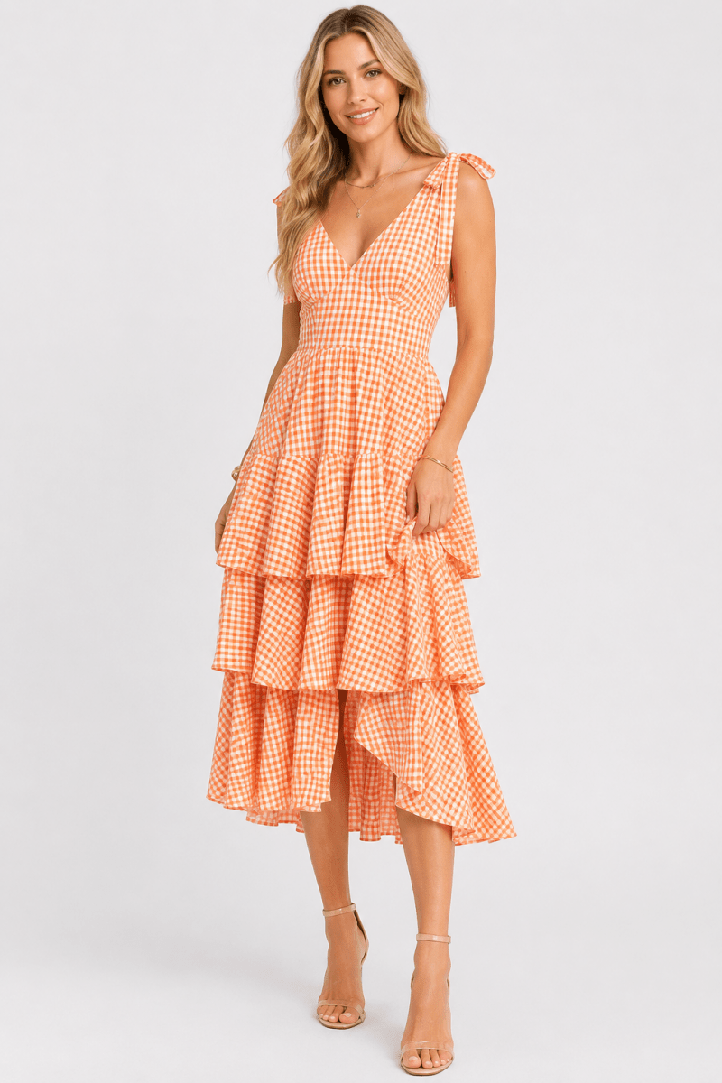 Sleeveless Gingham Tiered Midi Dress - AMVIM
