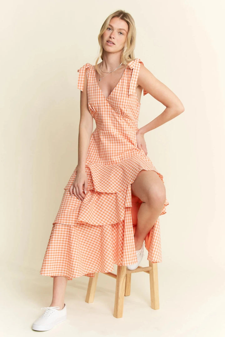Sleeveless Gingham Tiered Midi Dress - AMVIM