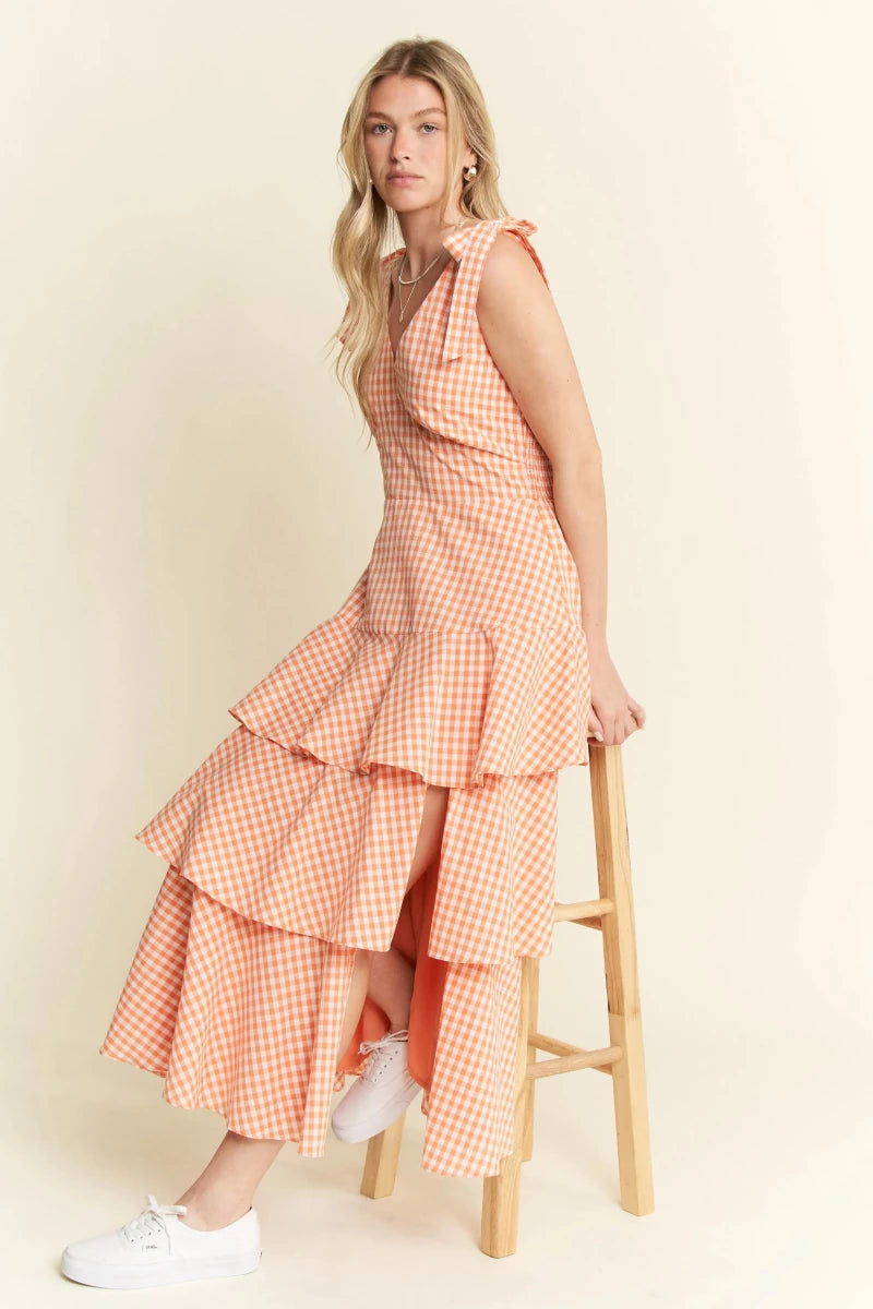 Sleeveless Gingham Tiered Midi Dress - AMVIM