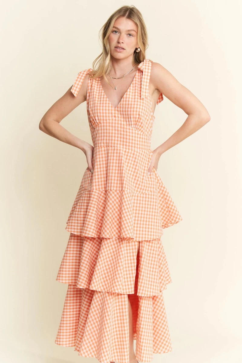 Sleeveless Gingham Tiered Midi Dress - AMVIM