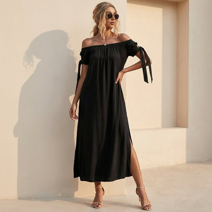 Slit Off Shoulder Short Sleeve Midi Dress - AMVIM | SKU: 100100558911678