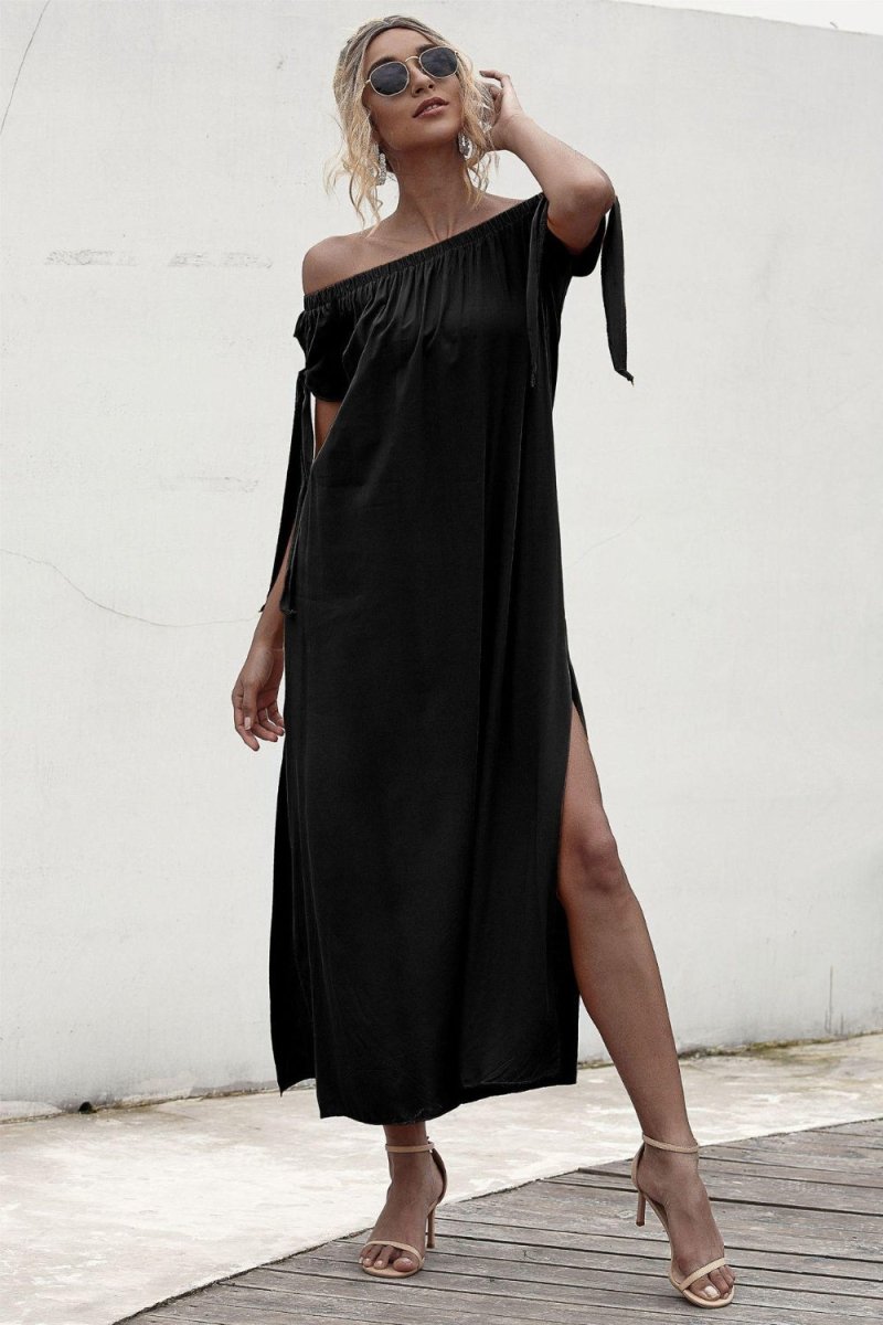 Slit Off Shoulder Short Sleeve Midi Dress - AMVIM | SKU: 100100558911678