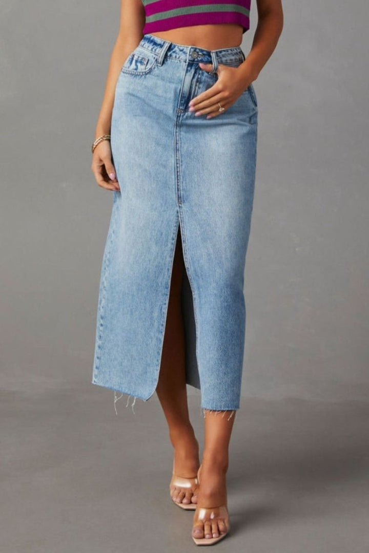 Slit Raw Hem Midi Denim Skirt - AMVIM