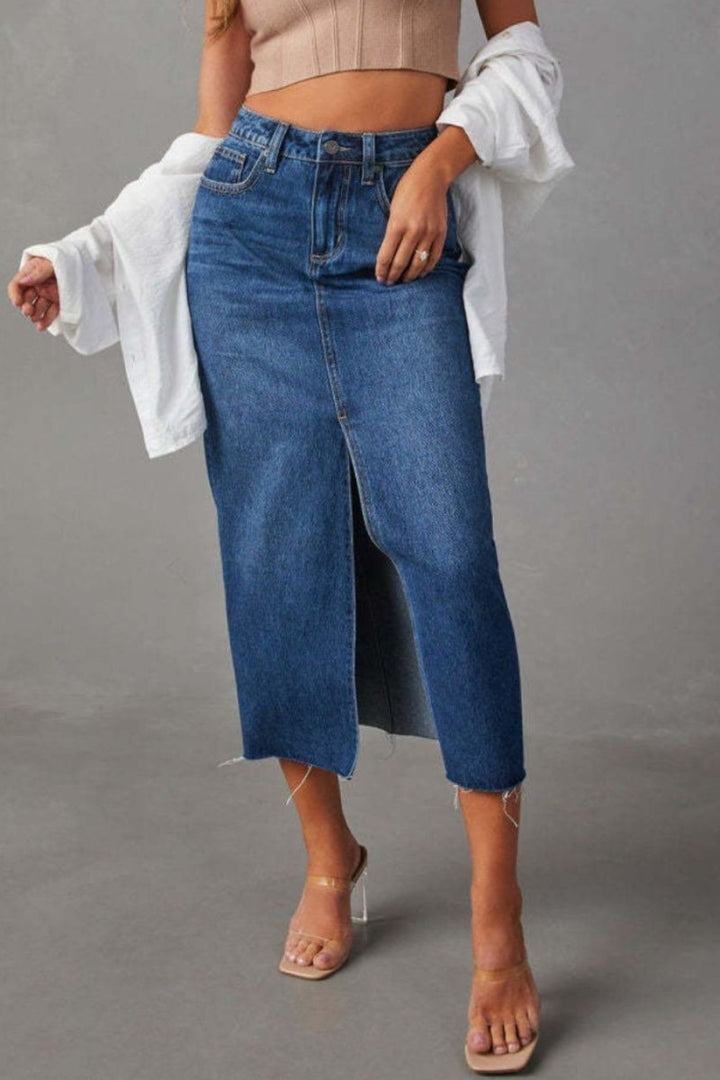 Slit Raw Hem Midi Denim Skirt - AMVIM