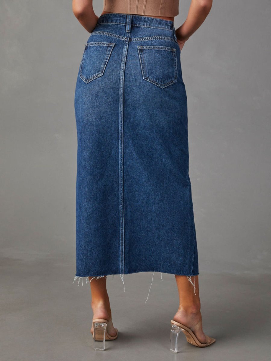 Slit Raw Hem Midi Denim Skirt - AMVIM