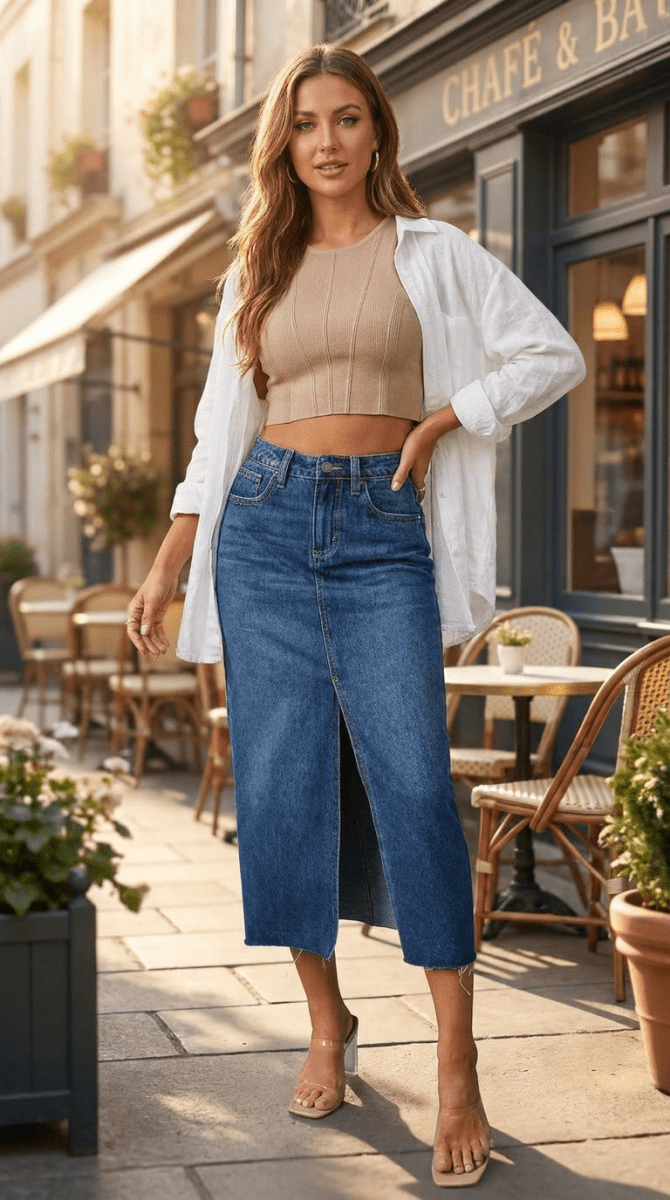 Slit Raw Hem Midi Denim Skirt - AMVIM