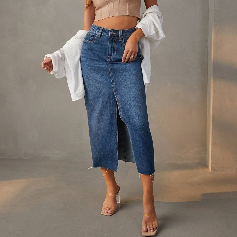 Slit Raw Hem Midi Denim Skirt - AMVIM