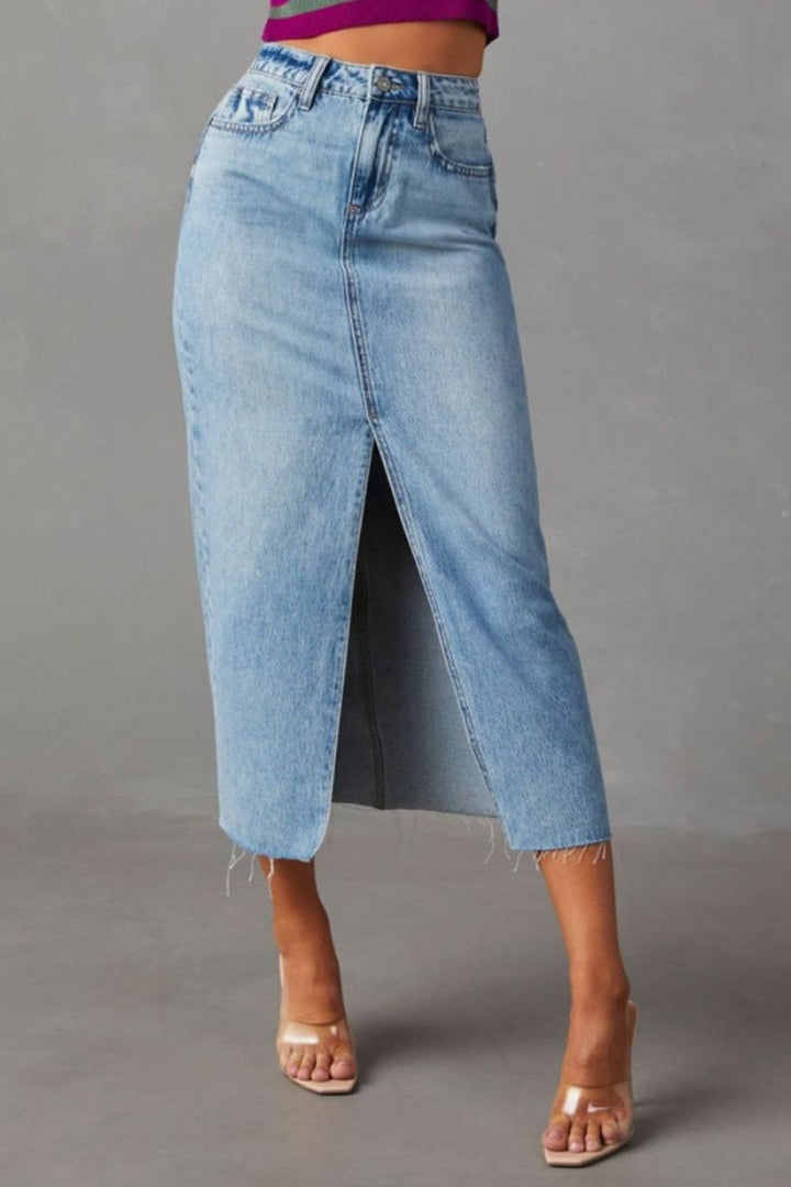 Slit Raw Hem Midi Denim Skirt - AMVIM