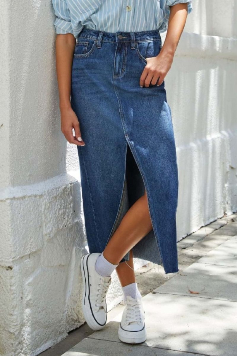 Slit Raw Hem Midi Denim Skirt - AMVIM