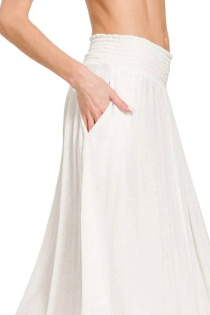 Smocked Waist Crinkle Textured Maxi Skirt with Pockets - AMVIM