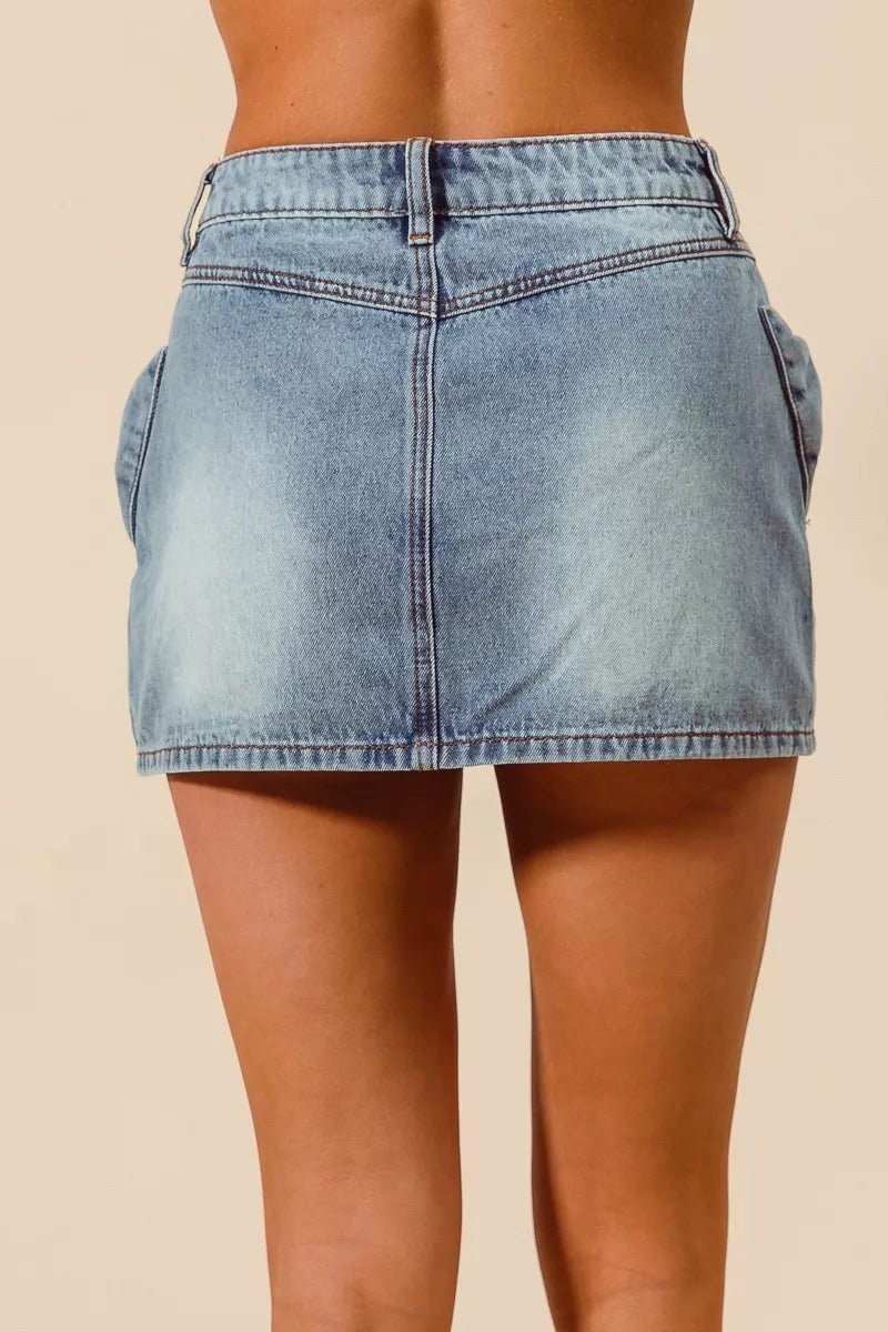 SO ME Bow Knot Pocket Denim Mini Skirt - AMVIM