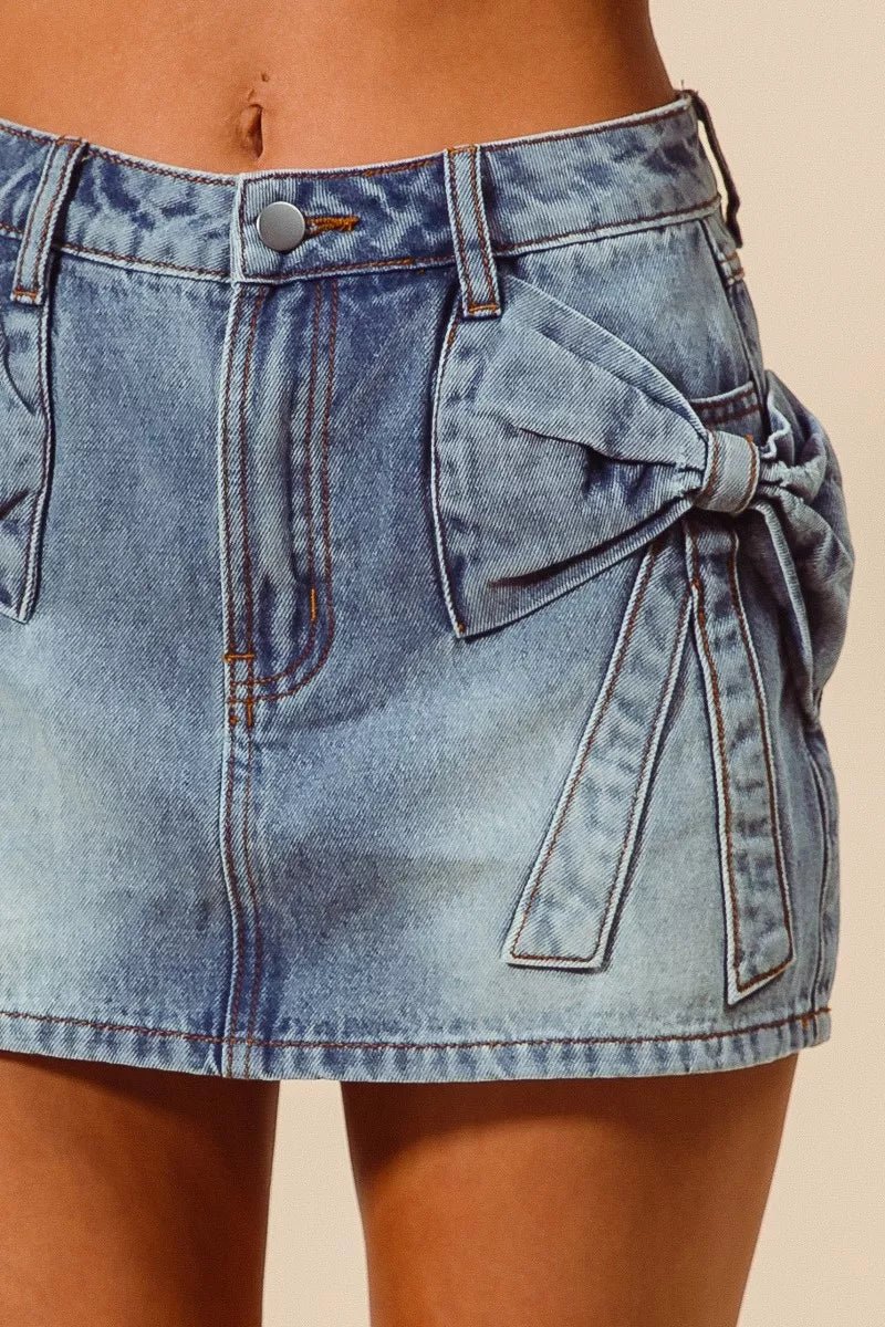 SO ME Bow Knot Pocket Denim Mini Skirt - AMVIM