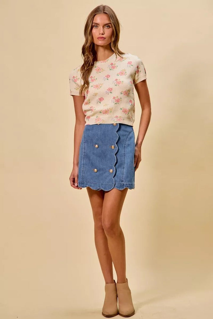 SO ME Denim Scalloped Button-Up Skirt - AMVIM