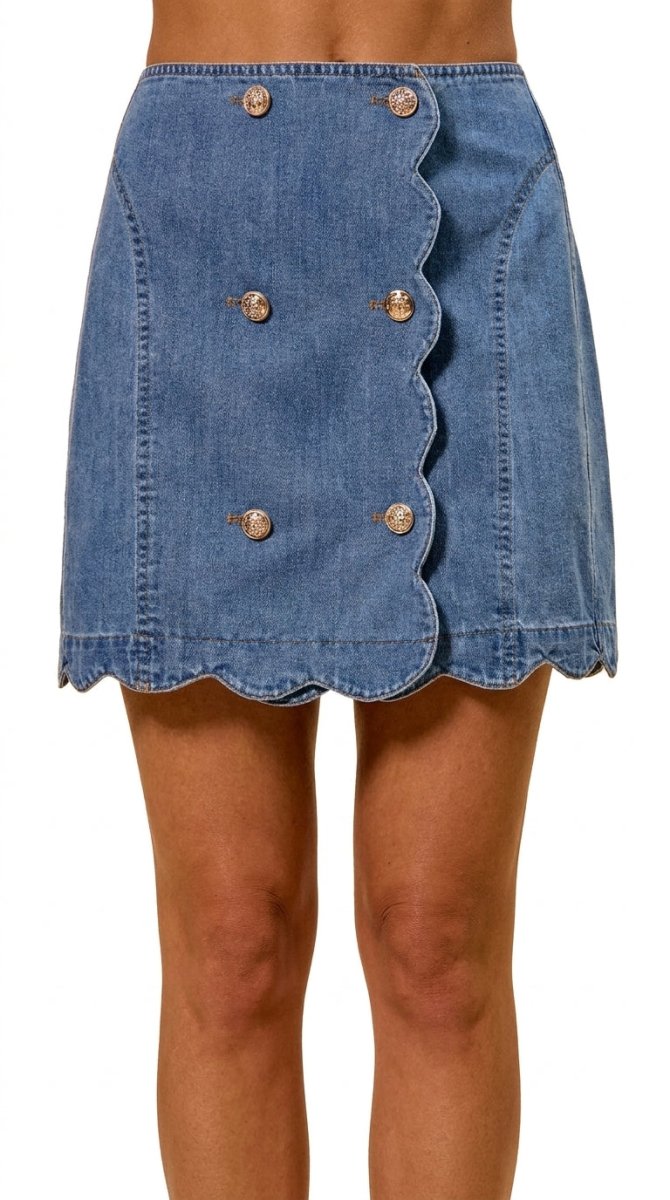 SO ME Denim Scalloped Button-Up Skirt - AMVIM