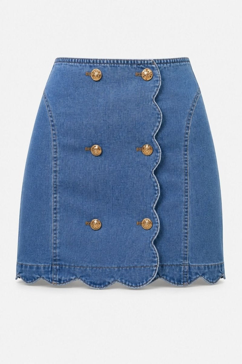 SO ME Denim Scalloped Button-Up Skirt - AMVIM