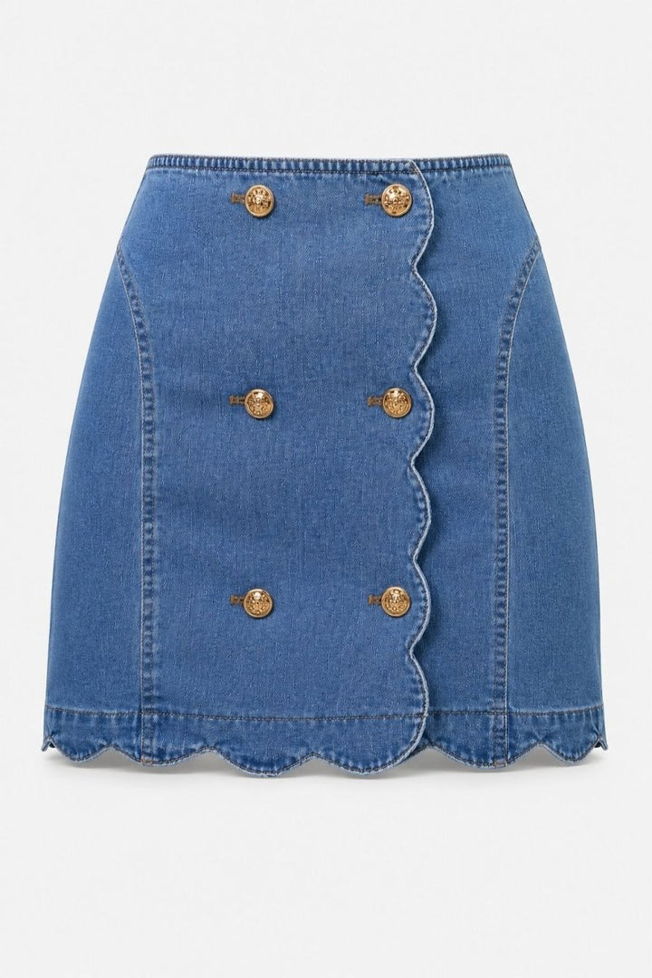 SO ME Denim Scalloped Button-Up Skirt - AMVIM