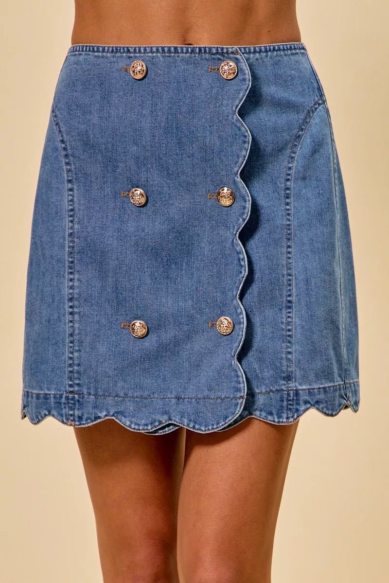 SO ME Denim Scalloped Button-Up Skirt - AMVIM