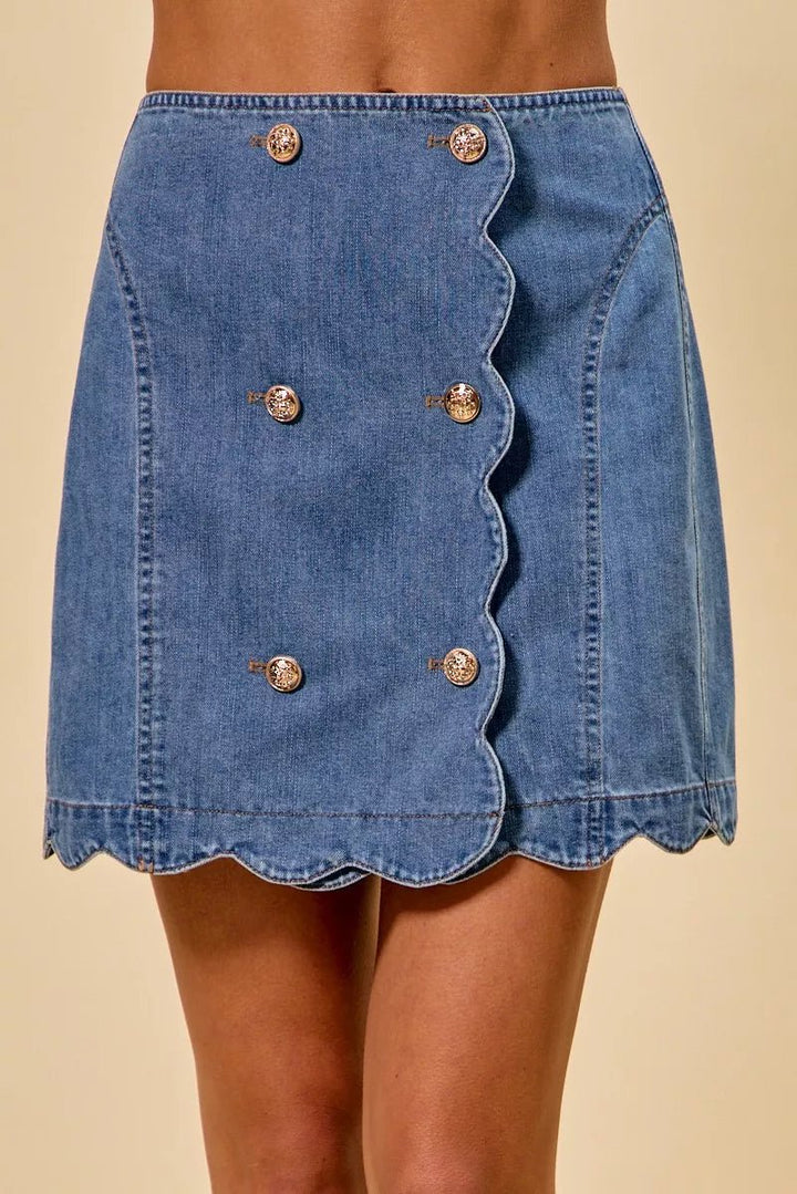 SO ME Denim Scalloped Button-Up Skirt - AMVIM