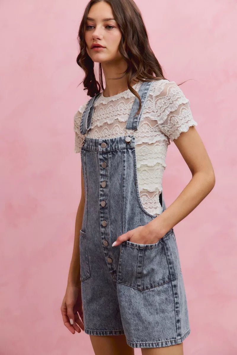 SO ME Denim Washed On Front With Adjustable Strap Romper - AMVIM