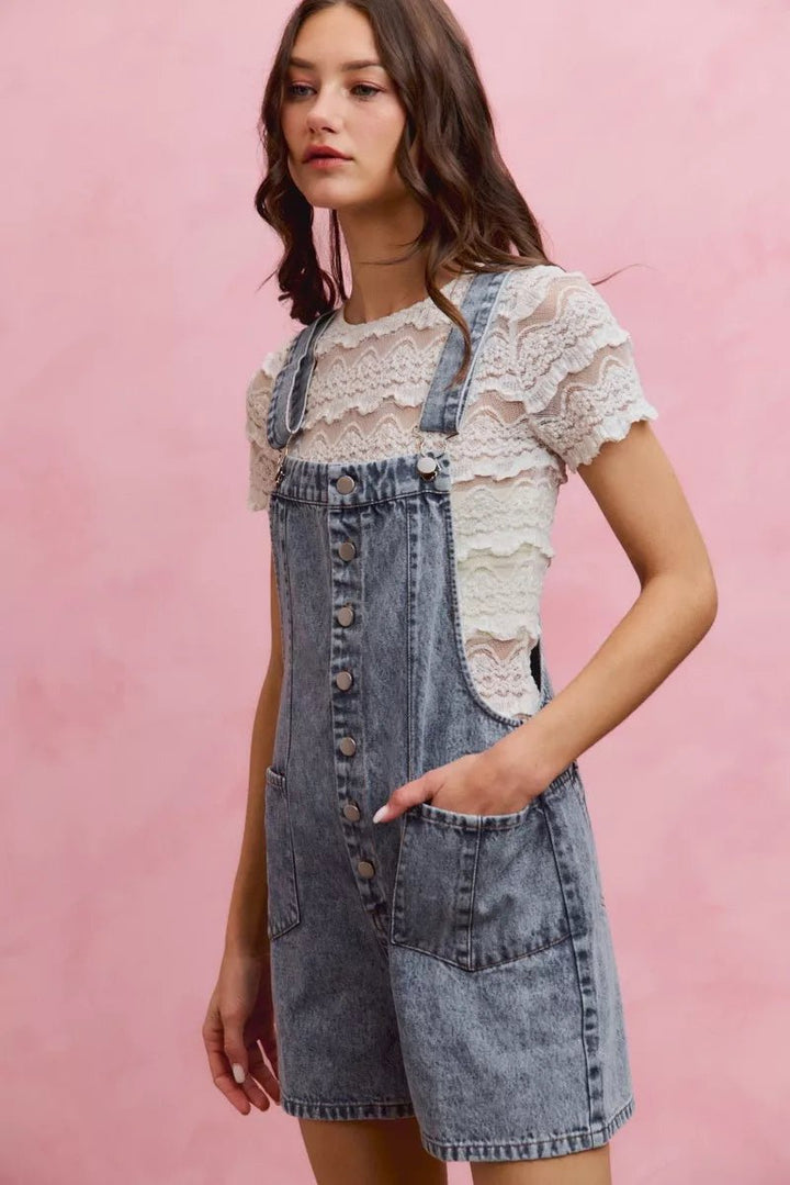 SO ME Denim Washed On Front With Adjustable Strap Romper - AMVIM