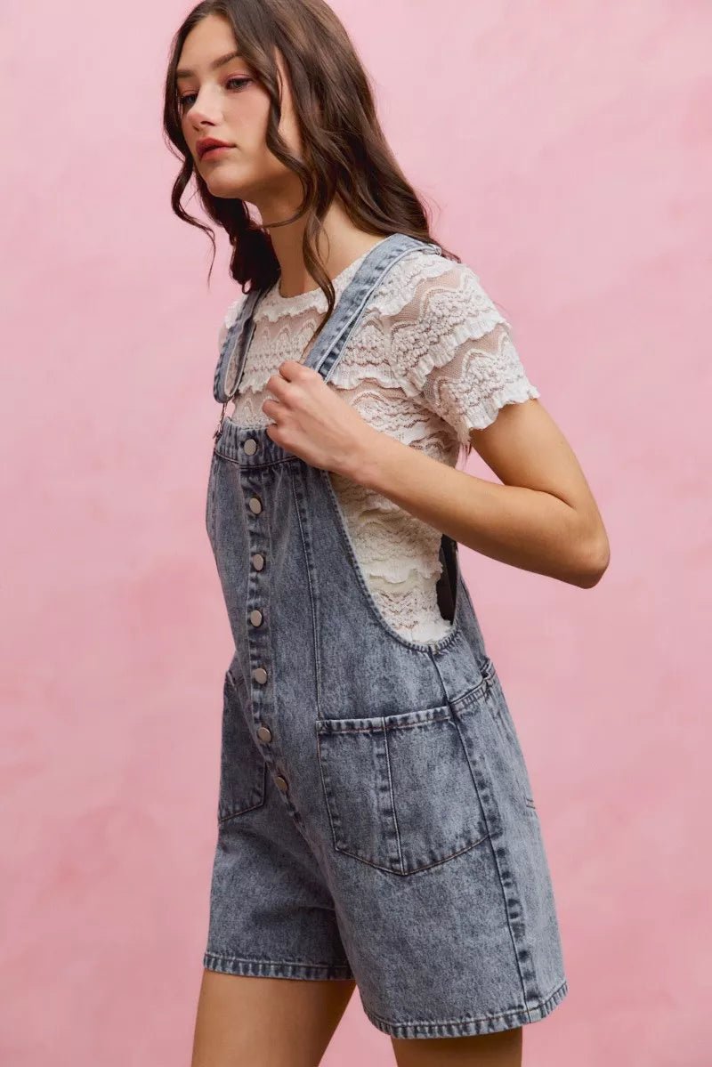SO ME Denim Washed On Front With Adjustable Strap Romper - AMVIM