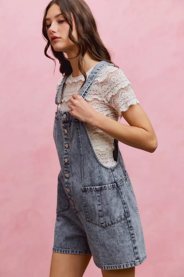 SO ME Denim Washed On Front With Adjustable Strap Romper - AMVIM