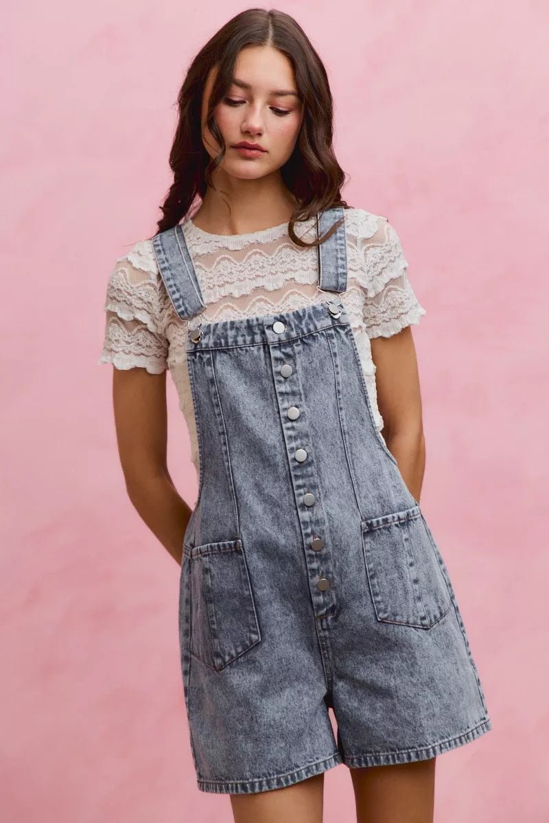 SO ME Denim Washed On Front With Adjustable Strap Romper - AMVIM