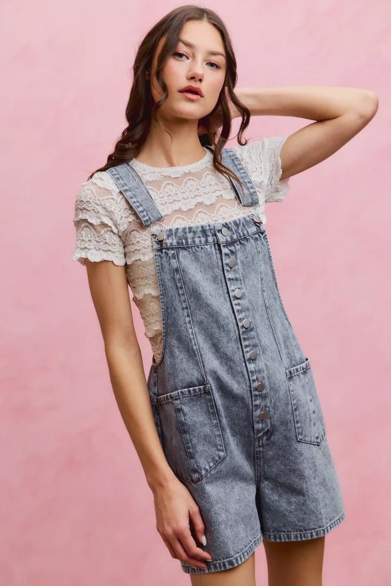 SO ME Denim Washed On Front With Adjustable Strap Romper - AMVIM