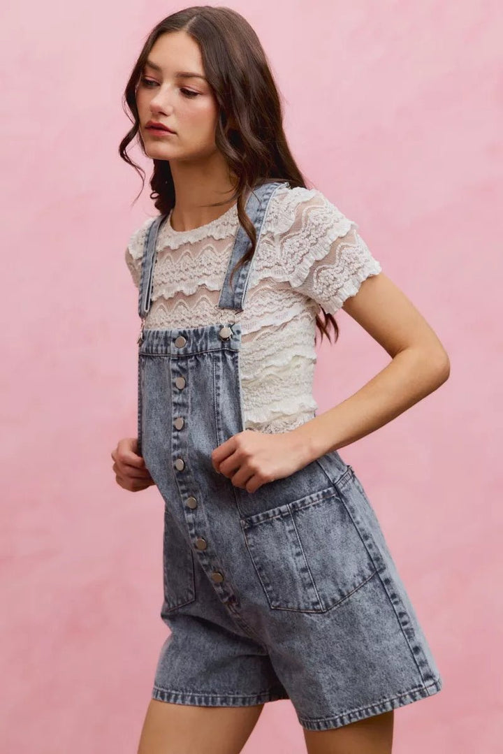 SO ME Denim Washed On Front With Adjustable Strap Romper - AMVIM