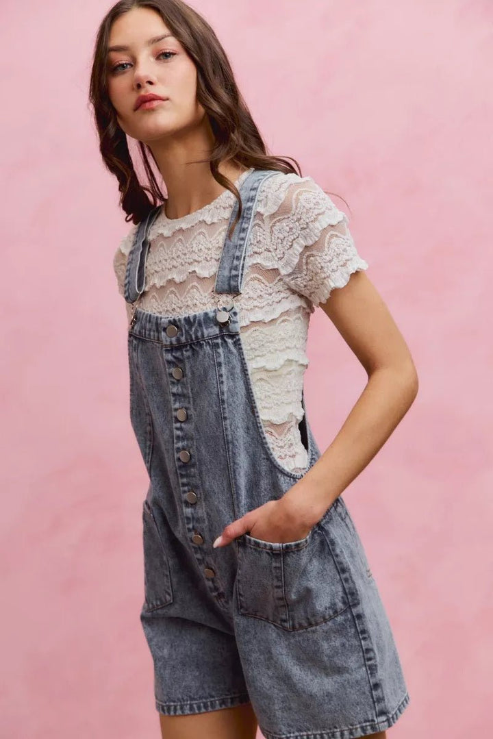 SO ME Denim Washed On Front With Adjustable Strap Romper - AMVIM