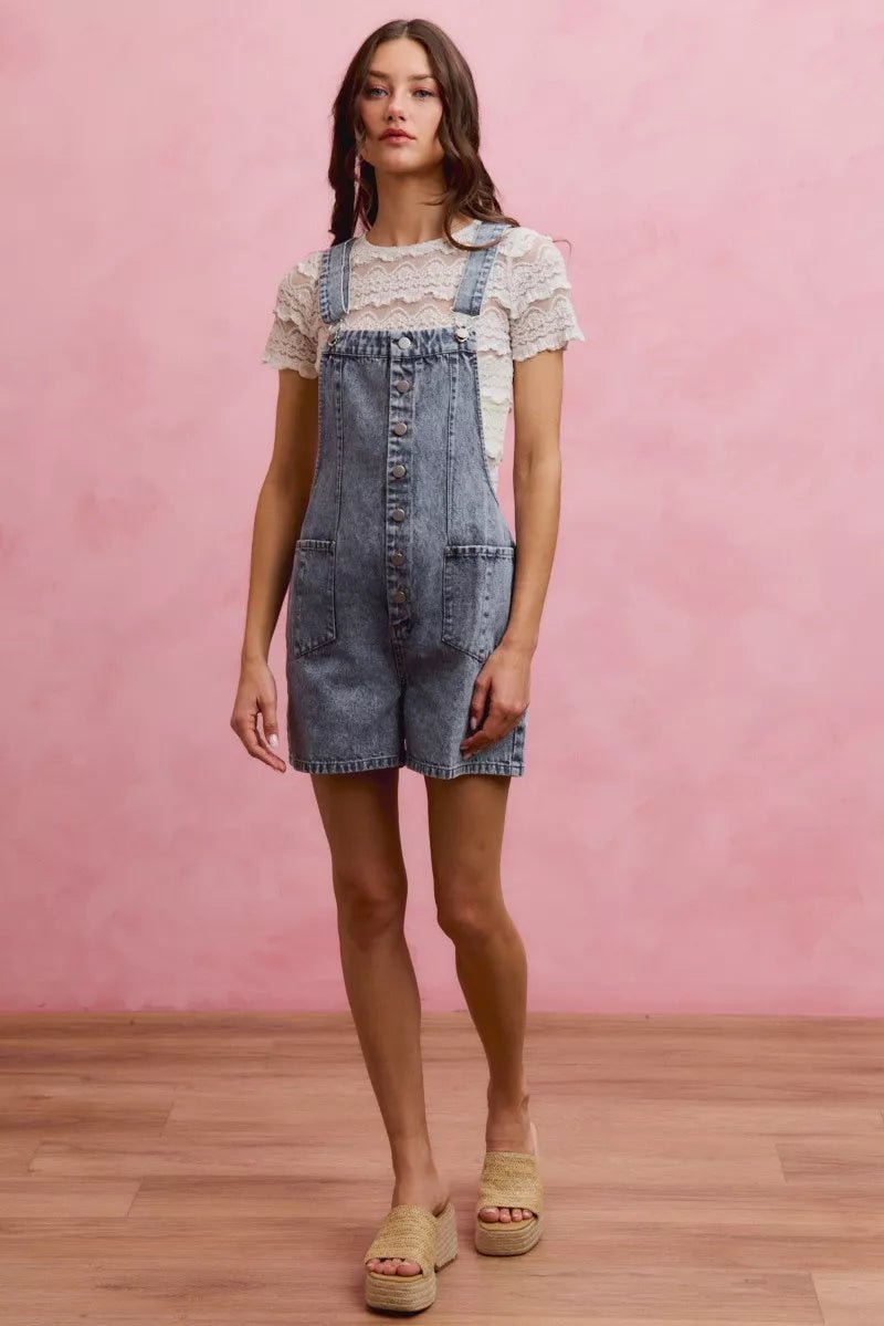 SO ME Denim Washed On Front With Adjustable Strap Romper - AMVIM