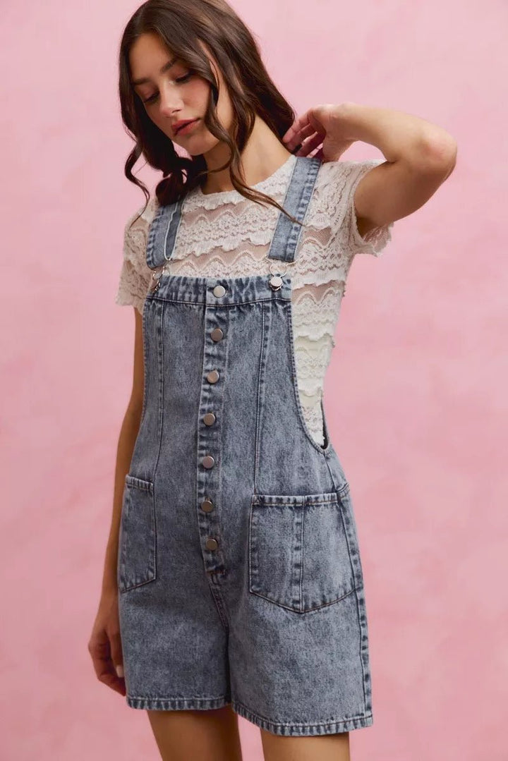 SO ME Denim Washed On Front With Adjustable Strap Romper - AMVIM