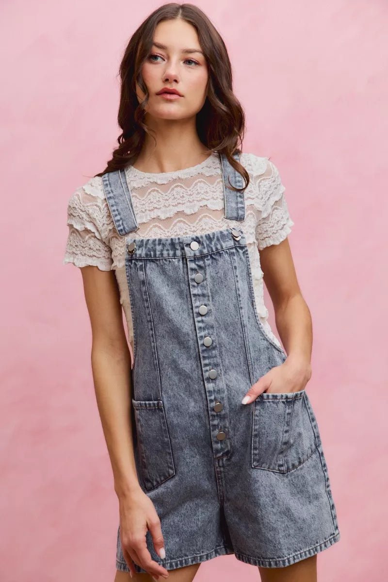SO ME Denim Washed On Front With Adjustable Strap Romper - AMVIM