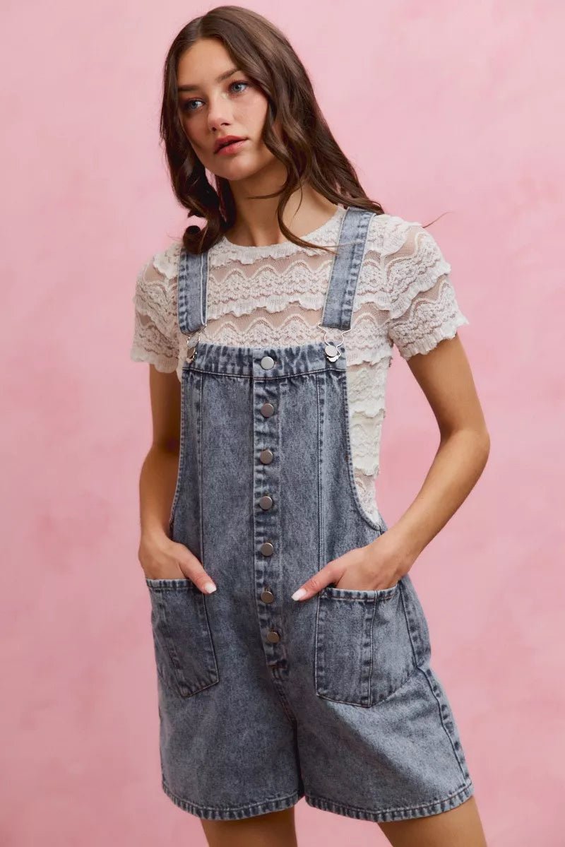 SO ME Denim Washed On Front With Adjustable Strap Romper - AMVIM